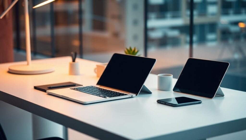 A modern, minimalist office setup with a laptop, tablet, and smartphone neatly arranged on a clean, white desk. Warm, soft lighting casts a gentle glow, creating a professional yet inviting atmosphere. The desk is adorned with simple, elegant accessories like a pen holder and a small succulent plant, emphasizing the importance of a well-organized and visually appealing workspace. In the background, a blurred cityscape or office environment provides a subtle, contextual backdrop, hinting at the digital nature of the payment setup requirements.