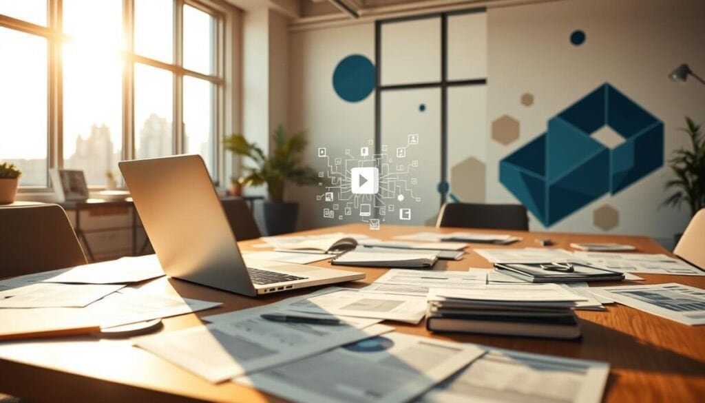 A modern office interior with a large desk, a laptop, and various business documents scattered across the surface. The room is flooded with warm, natural lighting from large windows, creating a serene and productive atmosphere. On the desk, a person's hands are working diligently, navigating through a digital interface, symbolizing the process of resolving monetization blockages. The background features abstract, geometric shapes and patterns, representing the complex, interconnected nature of digital platforms and revenue streams. The overall composition conveys a sense of focused problem-solving and the determination to overcome challenges in monetizing online content.