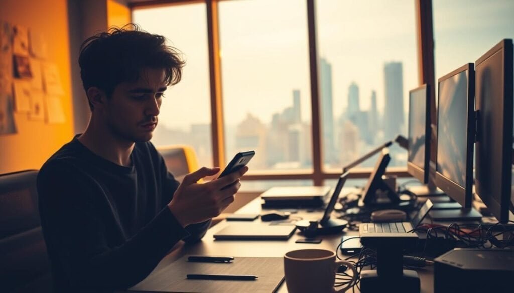 A modern office workspace, dimly lit with warm golden tones. In the foreground, a frustrated individual stares intently at a smartphone, fingers tapping anxiously on the screen. The middle ground reveals a cluttered desk, strewn with various electronic devices, cables, and a mug of stale coffee. In the background, a window overlooking a bustling city skyline, hinting at the outside world beyond the confines of the workspace. The mood is one of growing exasperation, as the person grapples with the inability to successfully post content on their Instagram account. Hyper-realistic photographic quality captures the subtle nuances of expression and the tangible frustration palpable in the scene.