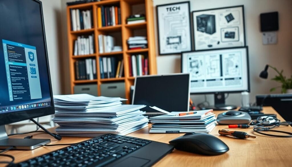 A modern, well-lit home office workspace, with a desktop computer, keyboard, and mouse in the foreground. Stacks of documents, an open laptop, and various tech tools like a screwdriver and cables in the middle ground. In the background, a bookshelf with tech-related books and a framed diagram of computer hardware components. The scene conveys a sense of focused troubleshooting, with a calm, professional atmosphere. Hyper-realistic photographic quality, with attention to fine details and natural lighting.