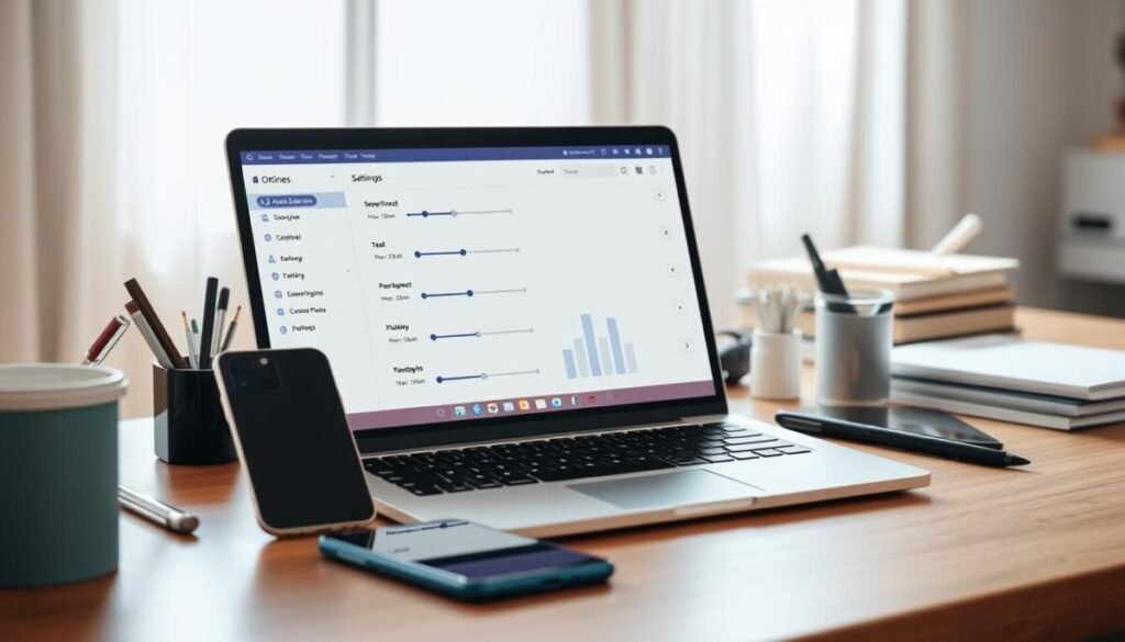 A neatly organized desk with a laptop, smartphone, and various productivity tools. The screen displays a settings interface with sliders, buttons, and options. Bright, natural lighting illuminates the scene, creating a sense of focus and productivity. The background is blurred, drawing the viewer's attention to the optimized scheduler settings on the laptop screen. The overall atmosphere conveys a professional, efficient, and well-organized workspace.