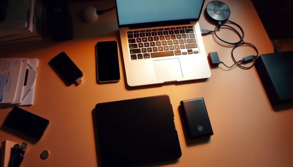 A neatly organized desk with a laptop, smartphone, and various storage devices like external hard drives and USB drives. The clutter on the desk has been cleared, creating a sense of open space and focus. Warm, directional lighting illuminates the scene, casting soft shadows and highlighting the clean, minimalist aesthetic. The overall mood is one of clarity and productivity, conveying the idea of freeing up storage space to improve device performance and workflow.