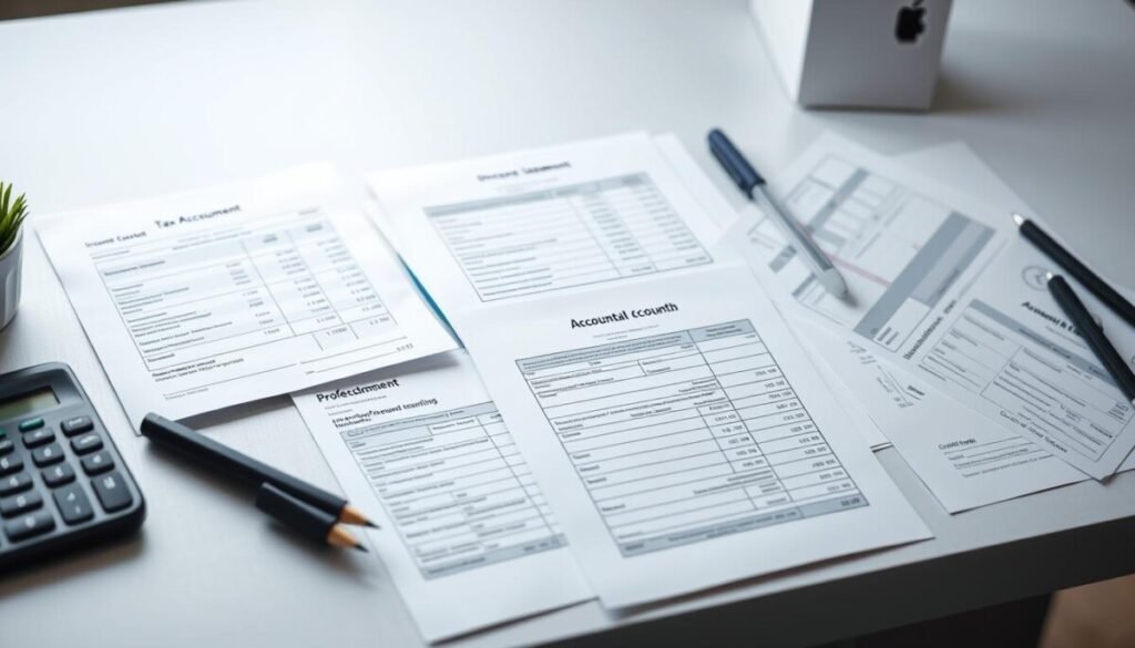 A neatly organized desktop with professional accounting documents, including income statements, balance sheets, and tax forms. The lighting is bright and even, highlighting the clean, minimalist workspace. The documents are displayed in a crisp, high-resolution manner, emphasizing the attention to detail and precision required for professional accounting. The overall atmosphere conveys a sense of efficiency, accuracy, and the importance of adhering to industry standards and regulations.