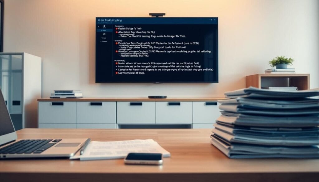 A neatly organized office desk with a laptop, a smartphone, and a stack of documents. The lighting is soft and warm, creating a focused yet serene atmosphere. In the background, a wall-mounted display shows a troubleshooting interface with error messages and diagnostic information. The overall scene conveys a sense of temporary disruption and the need for a methodical, step-by-step approach to resolving the monetization issue at hand.