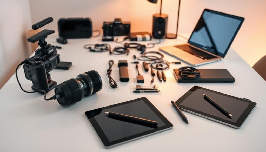 A neatly organized workspace with various video editing tools laid out on a clean, minimalist table. In the foreground, a high-quality camera, a professional-grade microphone, and a tablet with a stylus, all suggesting a focus on content creation. In the middle ground, an array of cables, adapters, and a sleek, modern laptop, hinting at the technical aspects of video editing. In the background, a soft, warm lighting setup and a neutral-toned wall, creating a calm, focused atmosphere. The overall scene conveys a sense of efficiency, productivity, and the tools necessary for crafting visually compelling social media content.