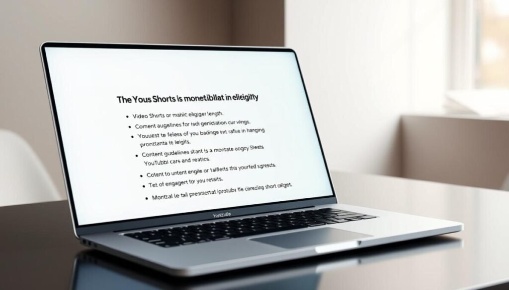 A photorealistic image of a laptop screen displaying the reasons for YouTube Shorts monetization ineligibility. The screen shows a clean, minimalist interface with a list of bullet points explaining the criteria for Shorts to be eligible for monetization, such as video length, content guidelines, and engagement metrics. The laptop is positioned on a sleek, modern desk with a neutral-toned background, creating a professional and informative atmosphere. Soft, directional lighting illuminates the scene, highlighting the clarity and detail of the displayed information.