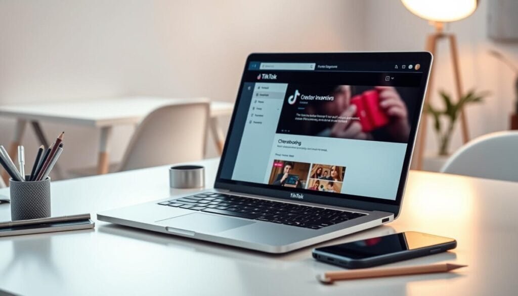 A pristine desk with a laptop, smartphone, and various stationery items arranged neatly. The laptop screen displays the TikTok app, with the "Creator Incentives" section highlighted. Soft, warm lighting illuminates the scene, creating a professional and focused atmosphere. In the background, a minimalist office setting with a neutral color palette and subtle hints of technology, suggesting a productive work environment. The overall composition conveys a sense of troubleshooting and problem-solving, with the viewer's attention drawn to the TikTok app on the laptop screen.