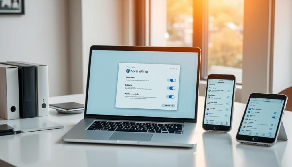 A pristine office desk, neatly organized, with a laptop, smartphone, and tablet arranged in an aesthetically pleasing manner. The screen of the laptop displays a pop-up window with various social media profile settings and access controls. The smartphone and tablet show similar interface screens, highlighting the interconnected nature of managing permissions across multiple devices and platforms. Warm, natural lighting filters through a large window, casting a soft, inviting glow over the scene. The overall atmosphere conveys a sense of professionalism, productivity, and attention to detail in navigating the complexities of social media account management.