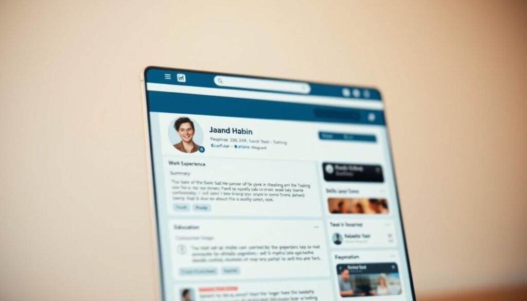 A professional, hyper-realistic photograph of a carefully curated LinkedIn profile page. The foreground showcases the profile header with a high-quality portrait photo, name, job title, and a concise, compelling summary. The middle ground features sections such as work experience, skills, and education, each with relevant and eye-catching details. The background blurs into a clean, minimalist setting, allowing the profile content to take center stage. Warm, directional lighting casts subtle shadows, creating depth and a sense of professionalism. The overall composition and attention to detail convey an optimized, impactful LinkedIn presence that commands attention and inspires confidence. A professional, hyper-realistic photograph of a carefully curated LinkedIn profile page. The foreground showcases the profile header with a high-quality portrait photo, name, job title, and a concise, compelling summary. The middle ground features sections such as work experience, skills, and education, each with relevant and eye-catching details. The background blurs into a clean, minimalist setting, allowing the profile content to take center stage. Warm, directional lighting casts subtle shadows, creating depth and a sense of professionalism. The overall composition and attention to detail convey an optimized, impactful LinkedIn presence that commands attention and inspires confidence.