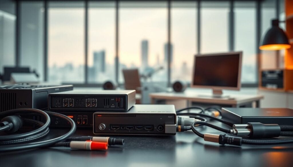 A professional photographer's meticulously composed studio shot, showcasing various video file formats and their compatibility. In the foreground, a striking arrangement of digital media storage devices, cables, and connectors, illuminated by warm, indirect lighting that accentuates their textures and details. In the middle ground, a backdrop of sleek, minimalist office equipment, hinting at the technical nature of the subject. The background features a softly blurred cityscape, suggesting the broader context of digital media and communication. The overall mood is one of technological sophistication and attention to detail, reflecting the importance of managing file format, security, and content restrictions in the digital landscape.