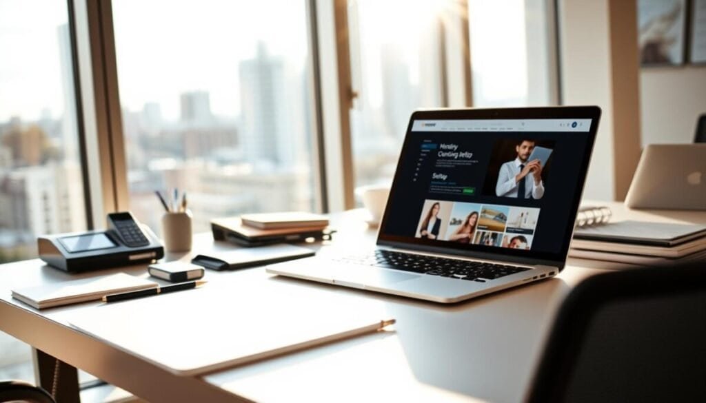 A professional workspace with a laptop, phone, and various office supplies. Bright, natural lighting floods the scene, creating a warm and productive atmosphere. The laptop screen displays a website with various monetization options, hinting at the setup process. A sleek, modern desk in the foreground, with a minimalist aesthetic. The background features a blurred cityscape, conveying a sense of urban professionalism. The overall composition emphasizes the focus on optimizing an online presence for monetization, with a clean and organized visual style.