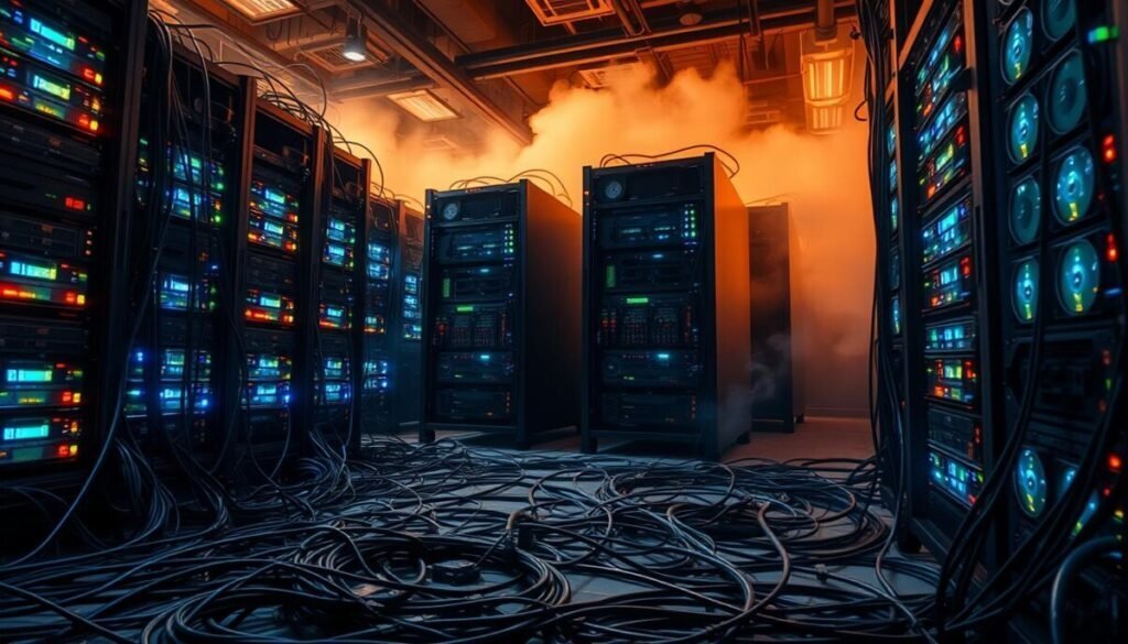 A room filled with servers, blinking lights, and cooling fans working overtime. In the foreground, cables and wires snake across the floor, creating a tangled web. The middle ground features towering server racks, their fans whirring loudly, as they struggle to dissipate the heat generated by the overworked processors. In the background, a hazy, warm atmosphere permeates the space, hinting at the strain on the cooling systems. The lighting is harsh, casting sharp shadows and highlighting the stressed nature of the environment. The overall scene conveys a sense of strain and overburdening, as the servers strain to keep up with the demand placed upon them.