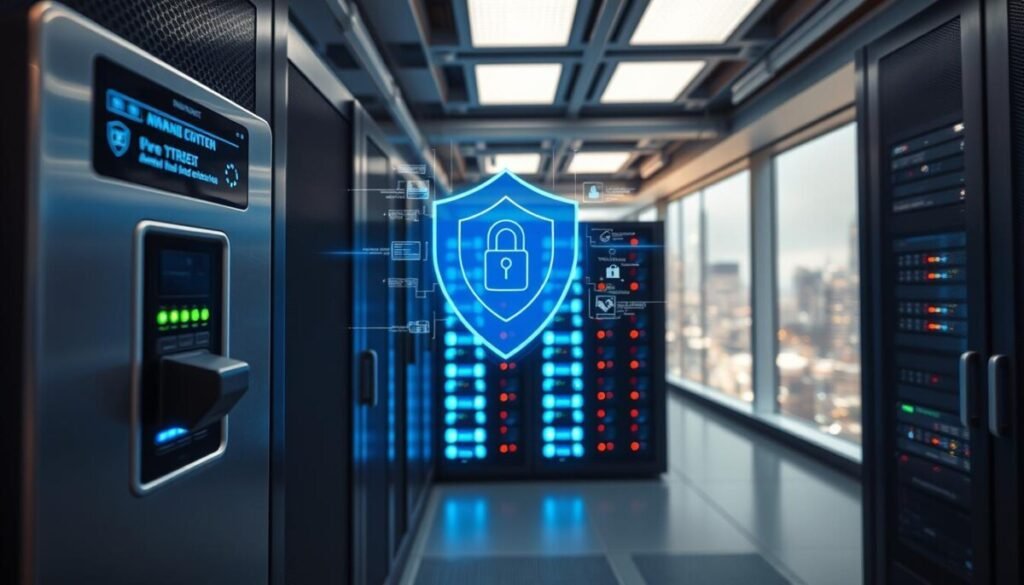 A secure data center with robust cybersecurity protocols. In the foreground, a biometric access panel and a holographic security display showing encrypted data streams. In the middle ground, a rack of servers with blinking status lights, bathed in a cool blue glow. The background features a sleek, minimalist interior with high ceilings and large windows overlooking a bustling cityscape. The scene is captured with a high-resolution wide-angle lens, creating a sense of scale and depth. The overall atmosphere conveys a feeling of advanced technology, cutting-edge security, and seamless data management. A secure data center with robust cybersecurity protocols. In the foreground, a biometric access panel and a holographic security display showing encrypted data streams. In the middle ground, a rack of servers with blinking status lights, bathed in a cool blue glow. The background features a sleek, minimalist interior with high ceilings and large windows overlooking a bustling cityscape. The scene is captured with a high-resolution wide-angle lens, creating a sense of scale and depth. The overall atmosphere conveys a feeling of advanced technology, cutting-edge security, and seamless data management.