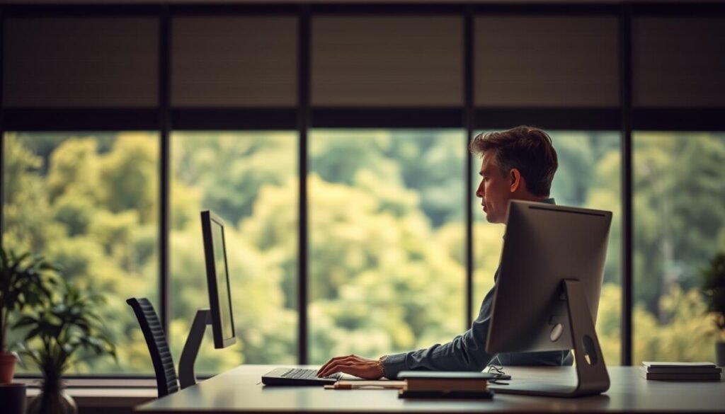 A serene office environment with a large window overlooking a lush, verdant landscape. In the foreground, a person sits at a desk, intently focused on a computer screen, their expression determined. Subtle lighting casts a warm, inviting glow, while the background is softly blurred, creating a sense of depth and tranquility. The desk is free of clutter, with a minimalist design that allows the person's work to take center stage. The overall scene conveys a sense of proactive control, where the individual takes measured steps to navigate and overcome any potential content restrictions. A serene office environment with a large window overlooking a lush, verdant landscape. In the foreground, a person sits at a desk, intently focused on a computer screen, their expression determined. Subtle lighting casts a warm, inviting glow, while the background is softly blurred, creating a sense of depth and tranquility. The desk is free of clutter, with a minimalist design that allows the person's work to take center stage. The overall scene conveys a sense of proactive control, where the individual takes measured steps to navigate and overcome any potential content restrictions.