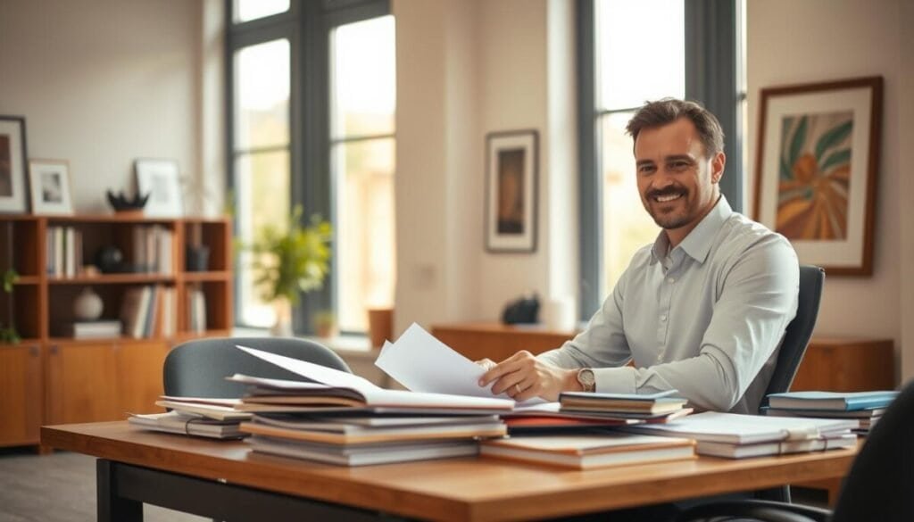 A serene office setting with a successful professional sitting at a neatly organized desk, reviewing documents and files. Warm, natural lighting filters through large windows, casting a soft, focused glow on the desk and surroundings. The individual's expression is calm and confident, conveying a sense of accomplishment and resolve. In the background, a bookshelf and framed artwork add depth and a touch of sophistication to the scene. The overall atmosphere exudes a feeling of progress, achievement, and a well-executed review process. A serene office setting with a successful professional sitting at a neatly organized desk, reviewing documents and files. Warm, natural lighting filters through large windows, casting a soft, focused glow on the desk and surroundings. The individual's expression is calm and confident, conveying a sense of accomplishment and resolve. In the background, a bookshelf and framed artwork add depth and a touch of sophistication to the scene. The overall atmosphere exudes a feeling of progress, achievement, and a well-executed review process.