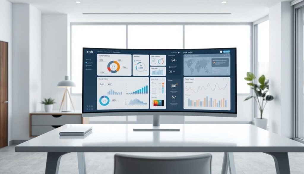 A serene, well-lit office space with a sleek, modern desk and a high-resolution computer monitor displaying a real-time dashboard of content review status. The dashboard features intuitive visual indicators, graphs, and metrics that provide a comprehensive overview of the video review process. The lighting is soft and diffused, creating a calm and professional atmosphere. The desk is neatly organized, with a stylish lamp and a minimalist plant adding a touch of natural elegance. The room is spacious, with large windows allowing natural light to flood the space, giving it a sense of openness and clarity. The overall scene conveys a sense of control, efficiency, and attention to detail in the content monitoring workflow. A serene, well-lit office space with a sleek, modern desk and a high-resolution computer monitor displaying a real-time dashboard of content review status. The dashboard features intuitive visual indicators, graphs, and metrics that provide a comprehensive overview of the video review process. The lighting is soft and diffused, creating a calm and professional atmosphere. The desk is neatly organized, with a stylish lamp and a minimalist plant adding a touch of natural elegance. The room is spacious, with large windows allowing natural light to flood the space, giving it a sense of openness and clarity. The overall scene conveys a sense of control, efficiency, and attention to detail in the content monitoring workflow.