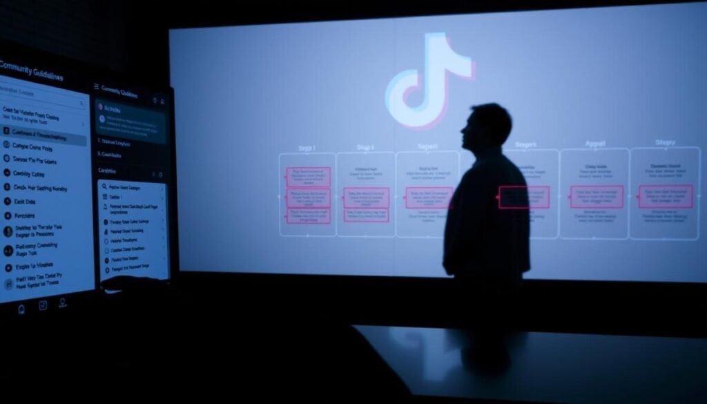 A series of steps depicting the TikTok Community Guidelines appeal process, captured in a hyper-realistic photographic style. In the foreground, a person navigates through a digital interface, interacting with various menus and options. The middle ground showcases a visually striking data visualization, illustrating the different stages of the appeal workflow. In the background, a shadowy silhouette of the TikTok logo hovers, providing a subtle contextual cue. The lighting is soft and diffused, creating a sense of depth and atmosphere. The camera angle is slightly elevated, offering a comprehensive view of the scene. The overall mood is one of focus, determination, and the quest for understanding the intricate mechanisms of the platform's appeal system. A series of steps depicting the TikTok Community Guidelines appeal process, captured in a hyper-realistic photographic style. In the foreground, a person navigates through a digital interface, interacting with various menus and options. The middle ground showcases a visually striking data visualization, illustrating the different stages of the appeal workflow. In the background, a shadowy silhouette of the TikTok logo hovers, providing a subtle contextual cue. The lighting is soft and diffused, creating a sense of depth and atmosphere. The camera angle is slightly elevated, offering a comprehensive view of the scene. The overall mood is one of focus, determination, and the quest for understanding the intricate mechanisms of the platform's appeal system.