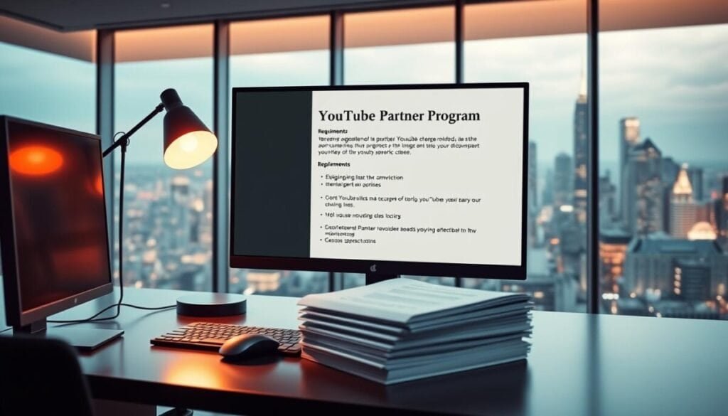 A sleek and modern office setting, with a large computer screen displaying the YouTube Partner Program requirements in a clear and organized manner. The foreground features a stylish desk setup, with a high-end desktop computer, a wireless mouse and keyboard, and a minimalist desk lamp providing warm, focused lighting. The middle ground showcases a neatly organized stack of documents, potentially outlining the specific eligibility criteria and steps required to join the program. In the background, a large, floor-to-ceiling window offers a panoramic view of a bustling city skyline, creating a sense of professionalism and success. The overall mood is one of clarity, attention to detail, and a streamlined path to achieving the desired goal of YouTube monetization. The lighting and angles are chosen to produce a hyper-realistic, visually striking image. A sleek and modern office setting, with a large computer screen displaying the YouTube Partner Program requirements in a clear and organized manner. The foreground features a stylish desk setup, with a high-end desktop computer, a wireless mouse and keyboard, and a minimalist desk lamp providing warm, focused lighting. The middle ground showcases a neatly organized stack of documents, potentially outlining the specific eligibility criteria and steps required to join the program. In the background, a large, floor-to-ceiling window offers a panoramic view of a bustling city skyline, creating a sense of professionalism and success. The overall mood is one of clarity, attention to detail, and a streamlined path to achieving the desired goal of YouTube monetization. The lighting and angles are chosen to produce a hyper-realistic, visually striking image.