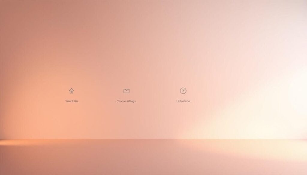 A sleek and modern video upload interface, with a clean, minimalist design. In the foreground, a series of steps are displayed, guiding the user through the upload process - from selecting files, to choosing settings, to hitting the upload button. The background features a subtle gradient, creating a sense of depth and drawing the eye to the central action. Warm, directional lighting illuminates the scene, casting soft shadows and highlighting the crisp edges of the interface elements. The overall mood is one of efficiency and professionalism, conveying a seamless and intuitive video upload experience.