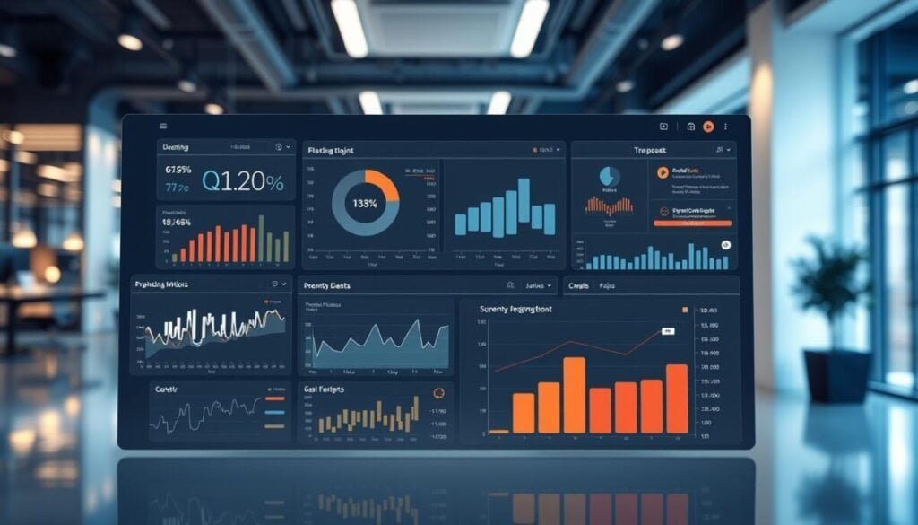 A sleek, high-contrast dashboard with real-time data visualizations presented in a clean, intuitive layout. The foreground features a series of interactive charts, graphs, and indicators that provide a comprehensive overview of key performance metrics. The middle ground showcases an elegant user interface with sophisticated data filtering and drill-down capabilities. In the background, a dynamic, hyper-realistic backdrop of a modern office setting creates a professional, technology-driven ambiance, complete with subtle lighting effects and a subtle depth of field. The overall aesthetic conveys a sense of proactive monitoring and data-driven decision making.
