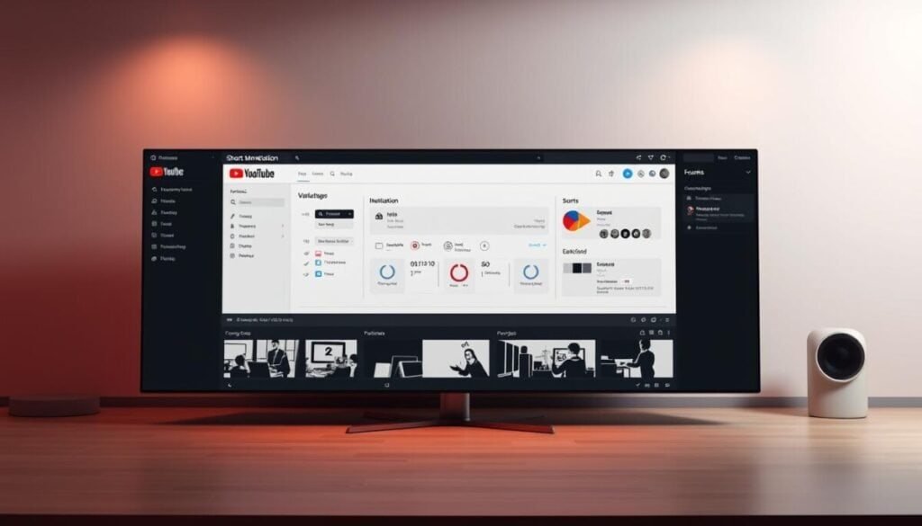 A sleek, minimalistic YouTube Studio interface with a central Shorts Monetization module prominently displayed. The module features intuitive controls, toggle switches, and data visualizations, all bathed in a soft, warm lighting that creates a professional, polished atmosphere. The background showcases a subtle gradient, lending depth and a sense of digital elegance. The composition emphasizes the module's importance, with clean lines, negative space, and a balanced, high-fidelity aesthetic that reflects the subject's technical nature. The overall scene conveys a sense of streamlined functionality, guiding the viewer through the process of navigating and configuring the Shorts monetization setup.