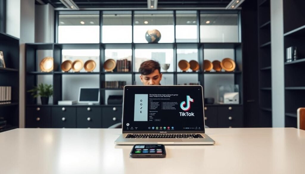 A sleek, modern office interior with a large desk and computer setup in the foreground. On the desk, an open laptop and a smartphone with the TikTok app interface visible. In the middle ground, a person sitting at the desk, intently focused on the laptop screen, symbolizing the TikTok support appeal process. The background features shelves of reference materials and awards, conveying a professional, authoritative atmosphere. Bright, natural lighting from large windows illuminates the scene, creating a sense of transparency and accessibility. The overall mood is one of diligence, expertise, and a commitment to resolving the TikTok video review issue. A sleek, modern office interior with a large desk and computer setup in the foreground. On the desk, an open laptop and a smartphone with the TikTok app interface visible. In the middle ground, a person sitting at the desk, intently focused on the laptop screen, symbolizing the TikTok support appeal process. The background features shelves of reference materials and awards, conveying a professional, authoritative atmosphere. Bright, natural lighting from large windows illuminates the scene, creating a sense of transparency and accessibility. The overall mood is one of diligence, expertise, and a commitment to resolving the TikTok video review issue.