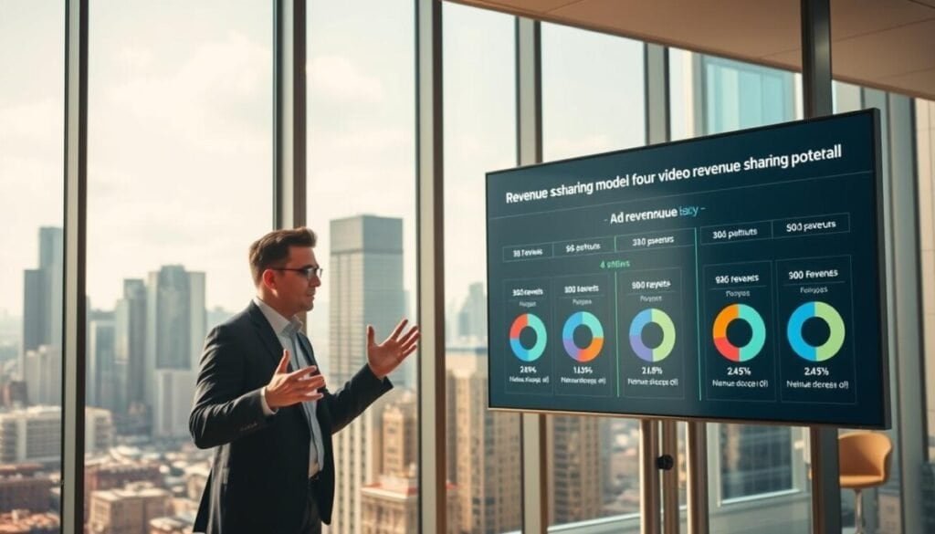 A sleek, modern office interior with floor-to-ceiling windows overlooking a bustling city skyline. In the foreground, a professional-looking person stands in front of a large display screen, gesturing animatedly as they explain a revenue sharing model for video content. The screen shows a detailed breakdown of ad revenue distribution, with various percentages and pie charts. The lighting is warm and directional, casting dramatic shadows and highlights on the subject. The scene has a sense of authority and professionalism, reflecting the high-stakes nature of the topic. A sleek, modern office interior with floor-to-ceiling windows overlooking a bustling city skyline. In the foreground, a professional-looking person stands in front of a large display screen, gesturing animatedly as they explain a revenue sharing model for video content. The screen shows a detailed breakdown of ad revenue distribution, with various percentages and pie charts. The lighting is warm and directional, casting dramatic shadows and highlights on the subject. The scene has a sense of authority and professionalism, reflecting the high-stakes nature of the topic.