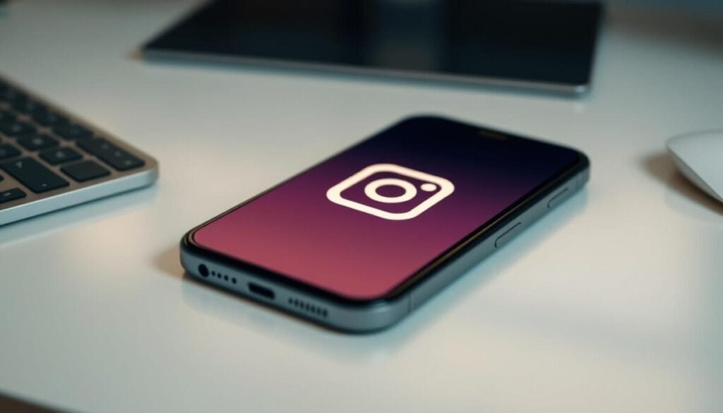 A sleek, sophisticated smartphone screen displaying the Instagram logo, resting on a clean, minimalist desk surface. The screen is illuminated with a soft, warm glow, creating a sense of focus and intentionality. The background is blurred, drawing the viewer's attention to the central device. The composition is balanced and visually appealing, with clean lines and a harmonious color palette. The overall scene conveys a sense of troubleshooting and problem-solving, hinting at the resolution of the issues presented in the article's subject.