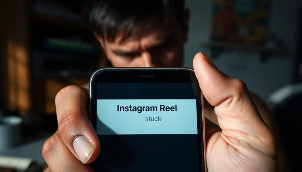 A smartphone display showing an "Instagram Reel stuck" error message, the screen partially obscured by a hand grasping the device in frustration. The foreground is sharply in focus, capturing the tense, vexed expression of the user. The background is softly blurred, suggesting a cluttered workspace or domestic setting. Dramatic side lighting casts dramatic shadows, heightening the sense of annoyance and technical difficulty. The image has a hyper-realistic photographic quality, with meticulous attention to detail in the textures of the smartphone, skin, and environment.