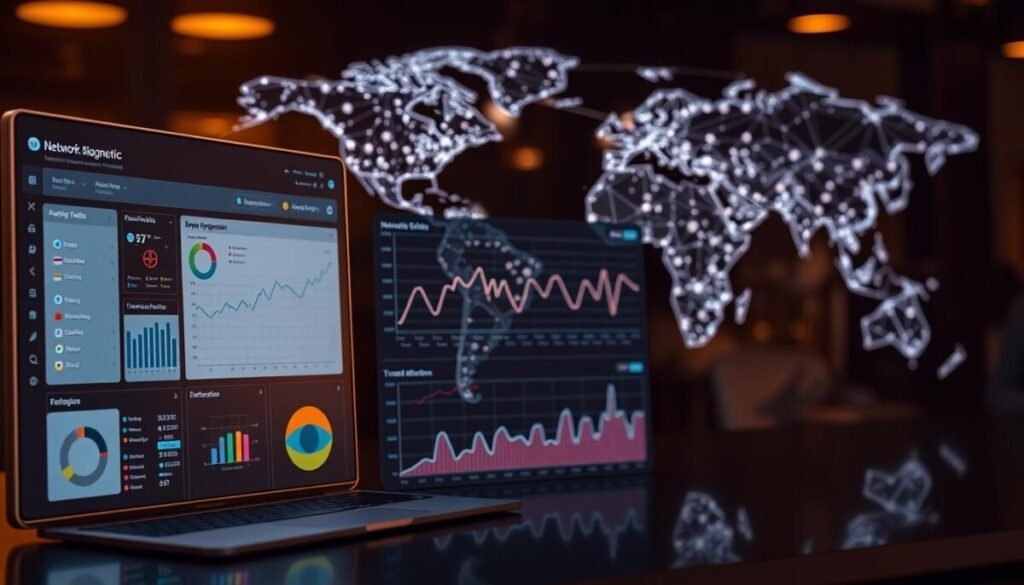 A sophisticated network diagnostic dashboard with intuitive data visualizations showcases real-time error monitoring. The foreground features a sleek, minimalist interface with customizable tiles displaying network traffic, device connectivity, and troubleshooting metrics. The middle ground presents interactive graphs charting performance trends and anomaly detection. In the background, a three-dimensional world map pulses with interconnected nodes, representing the complex web of digital infrastructure. Warm ambient lighting casts a professional, authoritative atmosphere, while strategic camera angles emphasize the holistic, data-driven approach to network management.