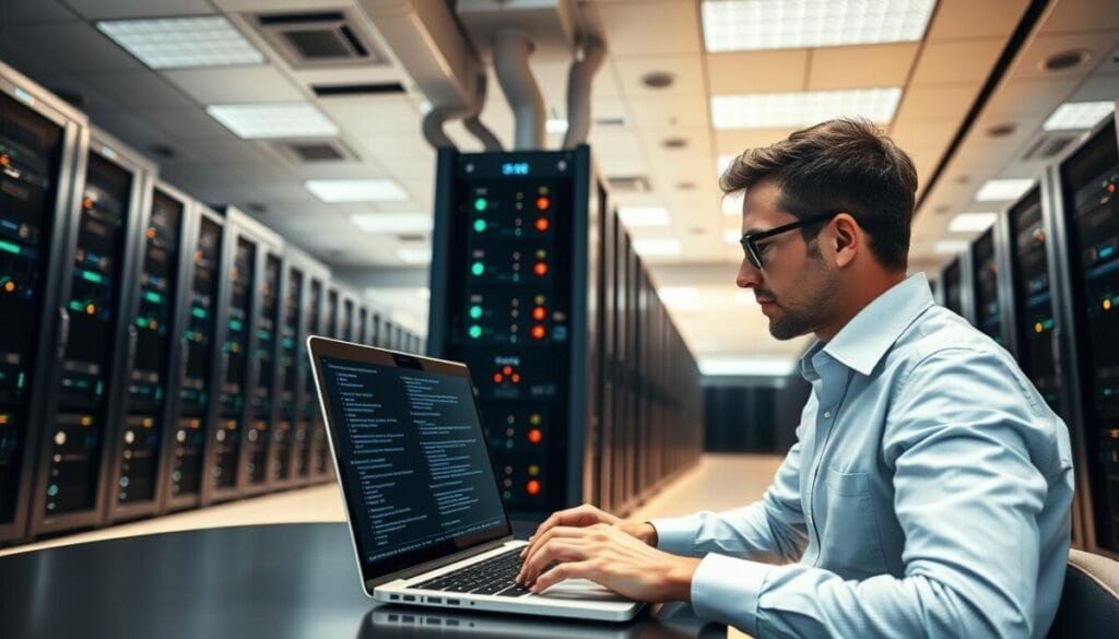 A spacious, well-lit server room with rows of sleek, rack-mounted computers. In the foreground, a technician in a crisp, collared shirt is intently studying a laptop screen, fingers poised over the keyboard, troubleshooting steps laid out in a clear, organized manner. The middle ground features a towering server rack, its blinking lights and cooling fans hinting at the intricate infrastructure beneath. The background shows a panoramic view of the room, with high ceilings, clean lines, and an overall sense of technological sophistication. The lighting is bright yet warm, creating a professional, problem-solving atmosphere. This hyper realistic photographic scene conveys a methodical, step-by-step approach to resolving server issues.
