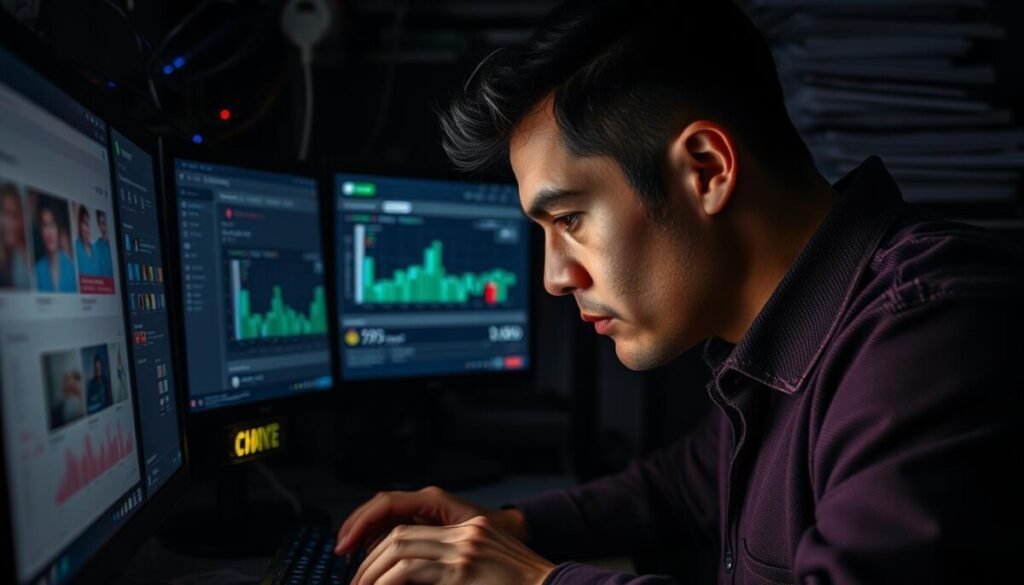 A troubleshooting technician scrutinizing the backend of a YouTube Shorts dashboard, surrounded by a tangle of cables, blinking monitors, and a stack of analytics reports. Dramatic high-contrast lighting casts sharp shadows, creating a sense of focus and intensity. The technician's brow is furrowed in deep concentration, fingers poised over the keyboard, as they navigate complex menus and data visualizations in search of the root cause of the monetization issues. The overall scene conveys a mood of problem-solving determination, with the technical details hinting at the complexity of the challenge at hand. A troubleshooting technician scrutinizing the backend of a YouTube Shorts dashboard, surrounded by a tangle of cables, blinking monitors, and a stack of analytics reports. Dramatic high-contrast lighting casts sharp shadows, creating a sense of focus and intensity. The technician's brow is furrowed in deep concentration, fingers poised over the keyboard, as they navigate complex menus and data visualizations in search of the root cause of the monetization issues. The overall scene conveys a mood of problem-solving determination, with the technical details hinting at the complexity of the challenge at hand.