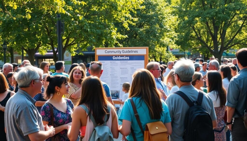 A vibrant community gathering in a sun-dappled public square, bustling with diverse individuals engaged in lively discussions. In the foreground, a group of friends animatedly sharing ideas, their expressions conveying a sense of shared understanding and respect. In the middle ground, a well-maintained bulletin board displays community guidelines, its neat layout and clear signage suggesting an orderly and inclusive environment. The background is filled with lush greenery, complemented by the warm glow of the afternoon sun, creating an atmosphere of warmth and belonging. The overall scene radiates a sense of harmony, where individuals from all walks of life come together to participate in the collective well-being of their community.