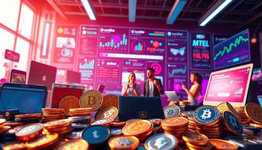 A vibrant, hyper-realistic scene depicting various alternative monetization strategies for short-form video content. In the foreground, a diverse array of digital wallets, cryptocurrency tokens, and subscription platforms are showcased, highlighting the emerging opportunities beyond traditional advertising. The middle ground features content creators and influencers exploring these innovative revenue streams, surrounded by a backdrop of sleek, modern technology and data visualizations. The lighting is crisp and directional, emphasizing the dynamic and forward-thinking nature of these alternative monetization solutions. The overall atmosphere conveys a sense of innovation, adaptability, and the empowerment of independent digital creators.