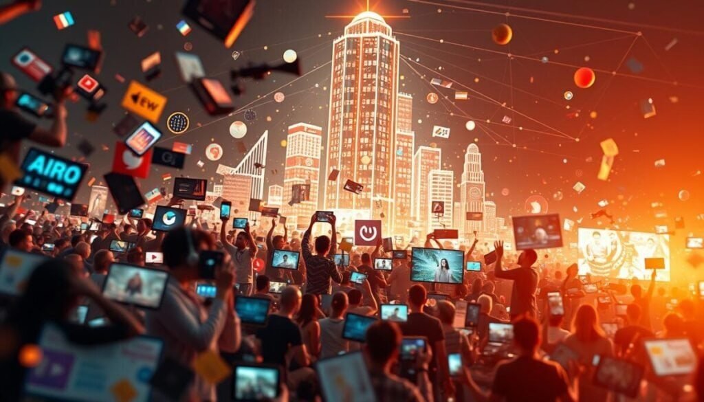 A vibrant, hyper-realistic scene of creative content trends, captured in a cinematic composition. In the foreground, an array of content formats - videos, images, infographics, and social media posts - swirl and converge, reflecting the dynamic nature of modern media. The middle ground features a diverse cast of digital creators and influencers, each immersed in their craft, surrounded by a flurry of likes, shares, and engagement metrics. In the background, a towering data visualization illuminates the ever-shifting landscape of audience preferences and viral content, casting an analytical glow over the energetic scene. Warm lighting and a subtle depth of field create a sense of depth and drama, inviting the viewer to explore the intricate interplay of creativity, technology, and consumer behavior.