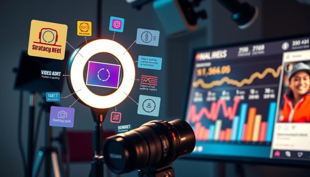 A visually striking and meticulously detailed hyper-realistic photograph depicting the key factors impacting Instagram Reels performance. In the foreground, a series of colorful, dynamic infographic elements hover in mid-air, illustrating concepts like video quality, caption optimization, hashtag usage, and audience engagement. The middle ground features a professional-grade ring light, camera lens, and other photography equipment, symbolizing the technical aspects of Reels creation. In the background, a softly-blurred social media interface shows Reels analytics, highlighting metrics like views, likes, and shares. The overall scene conveys a sense of data-driven, visually captivating Instagram content that drives impactful Reels performance.