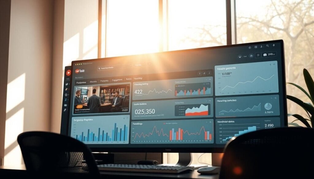 A well-lit and organized YouTube Studio dashboard, showcasing key analytics and performance metrics against a sleek, minimalist backdrop. The interface features clean lines, intuitive data visualizations, and a cohesive color palette that facilitates easy interpretation. The layout is optimized for at-a-glance insights, with interactive graphs and charts highlighting crucial viewership, engagement, and monetization data. Sunlight filters through large windows, casting a warm, natural glow over the workstation, creating a productive and focused atmosphere. The overall scene conveys a sense of clarity, efficiency, and data-driven decision-making, perfectly suited for the "How to Optimize Your YouTube Studio for Accurate Insights" section of the article.