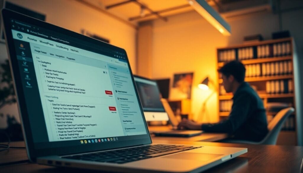 A well-lit and spacious WordPress dashboard, showcasing a range of troubleshooting tools and options. In the foreground, a laptop screen displays the WordPress admin panel, with various configuration settings and diagnostic menus open. In the middle ground, a developer is intently focused on the screen, carefully analyzing error messages and potential solutions. The background features a warm, professional office setting, with shelves of technical books and subtle lighting that creates a contemplative atmosphere. The overall scene conveys a sense of problem-solving and diligent troubleshooting, with a hyper-realistic photographic quality.