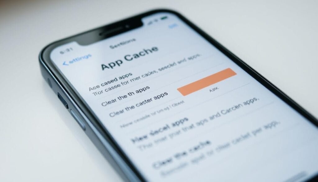 A well-lit, high-resolution photograph of a mobile device screen displaying the "App Cache" section of the device's settings. The screen shows a detailed breakdown of the cached data for various apps, including options to clear the cache for individual apps. The foreground is in sharp focus, with the screen filling the majority of the frame. The background is slightly blurred, creating a sense of depth and emphasis on the device's screen. The lighting is soft and diffused, creating a clean, professional atmosphere. The overall composition is balanced and aesthetically pleasing, capturing the essence of troubleshooting app cache issues on a mobile device.