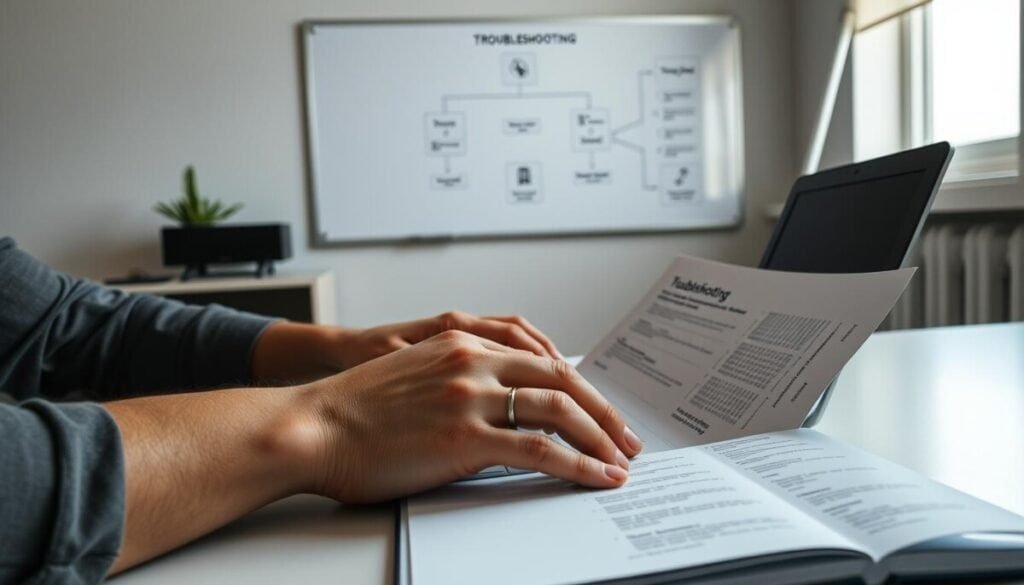 A well-lit, hyper-realistic image of a step-by-step troubleshooting process. In the foreground, a person's hands work on a laptop, systematically checking connections and settings. The middle ground features an open troubleshooting manual with clearly delineated steps. In the background, a wall-mounted whiteboard displays a flowchart with branching paths, guiding the process. Soft, directional lighting illuminates the scene, creating depth and emphasizing the technical nature of the task. The overall mood is one of focus and problem-solving, with a clean, minimalist aesthetic.