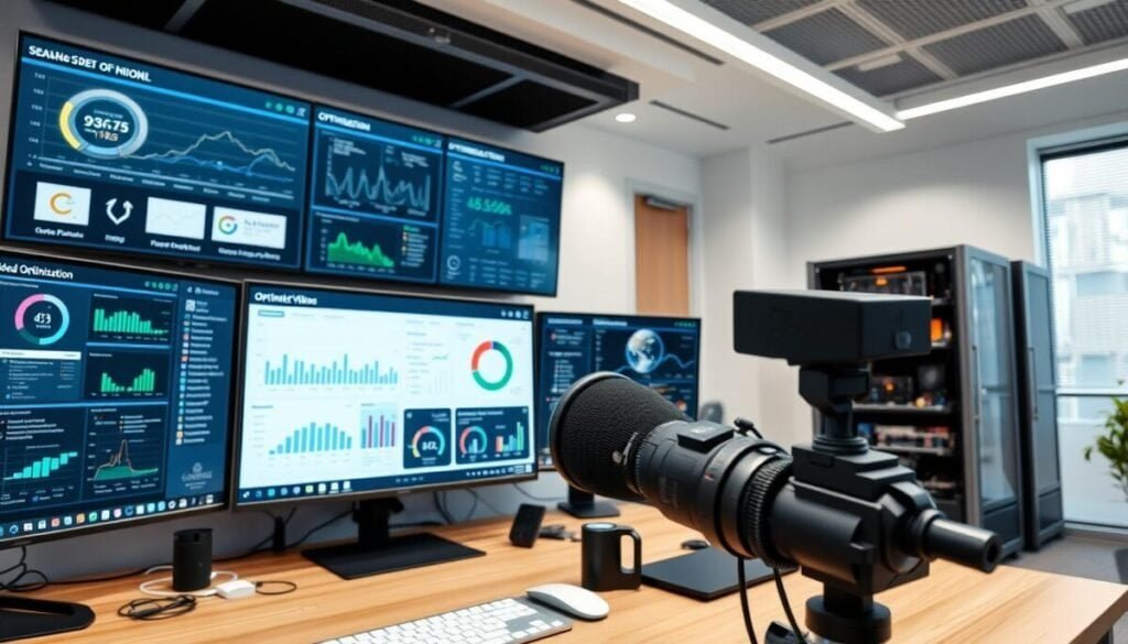 A well-lit modern office space, with a large desk displaying an array of digital tools and software interfaces. On the screen, various optimization metrics and performance indicators are prominently displayed, showcasing real-time data and analytics for seamless video uploads. In the foreground, a high-end webcam and microphone setup capture the scene, while in the background, a sleek server rack and network equipment hint at the powerful infrastructure powering the upload optimization process. The overall atmosphere is one of technological sophistication and efficiency, conveying the expertise and capabilities required to enhance video upload speed and success rate.