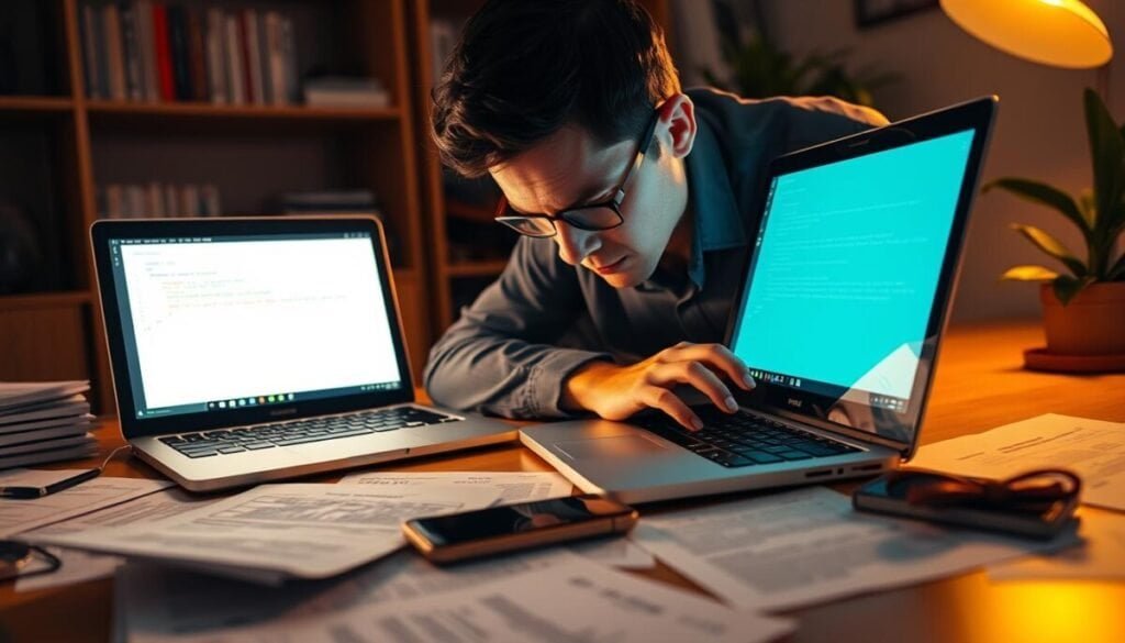 A well-lit office desk with a laptop, smartphone, and technical documentation papers strewn about. The laptop screen displays an API error message, with a developer furrowing their brow in deep concentration as they troubleshoot the issue. The background features a bookshelf, a desk lamp, and a potted plant, conveying a professional, problem-solving atmosphere. The lighting is warm and directional, creating dramatic shadows and highlights that accentuate the technical nature of the scene. The camera angle is slightly elevated, giving a bird's-eye view of the troubleshooting process.