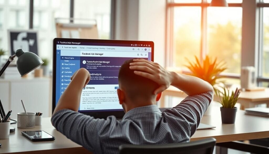 A well-lit office workspace with a laptop screen prominently displaying the Facebook Ads Manager interface. The screen shows various troubleshooting options and error messages. In the foreground, an exasperated user sits at the desk, scratching their head in frustration. The middle ground features neatly organized office supplies and a plant, creating a sense of balance. The background showcases a clean, modern office environment with minimalist decor and large windows that let in natural light, conveying a professional and productive atmosphere. The overall scene captures the challenges of troubleshooting Facebook Ads Manager issues in a hyper-realistic, visually compelling manner.