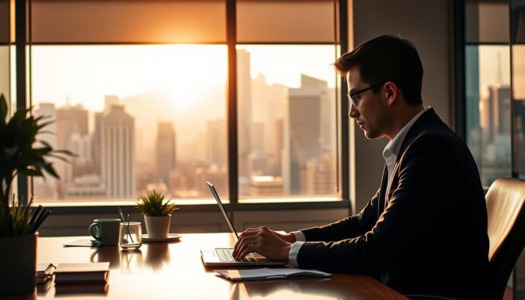 A well-lit, professional-looking office scene, with a person sitting at a desk in the foreground, intently focused on a laptop screen. The desk is neatly organized, with a few strategically placed items, such as a pen holder, a stack of papers, and a potted plant. In the background, a large window overlooking a bustling city skyline, bathed in warm, golden sunlight. The atmosphere is one of diligence and determination, as the person navigates the complex process of a successful Facebook monetization appeal. The image conveys a sense of professionalism, attention to detail, and a commitment to resolving the issue at hand.