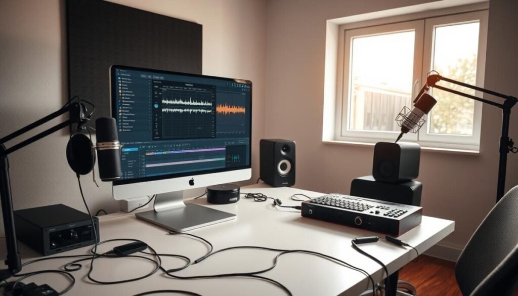 A well-organized home studio with a sleek desktop computer, high-quality microphone, and pristine audio interface. On the screen, a music production software displays a detailed playlist and waveform visualization. Neatly arranged cables snake through the minimalist workspace, creating a sense of order and efficiency. Soft, directional lighting from large windows bathes the scene in a warm, natural glow, highlighting the careful attention to detail. The atmosphere exudes professionalism and a commitment to optimizing the creative process for a seamless YouTube upload experience.