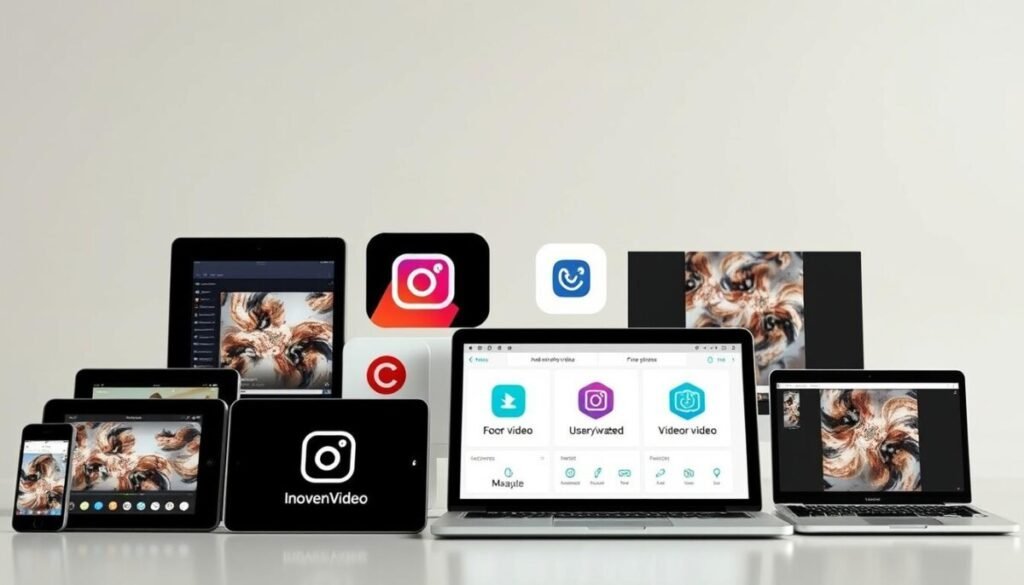 Detailed close-up of an array of Instagram video conversion tools, showcased against a sleek, minimalist backdrop. The foreground features various digital devices such as smartphones, tablets, and laptops, each displaying intuitive interfaces for video processing. The middle ground highlights a selection of popular video converter apps, their logos and user-friendly designs prominently displayed. The background maintains a subdued, neutral palette, allowing the technological elements to take center stage. Lighting is soft and even, accentuating the high-quality, hyper-realistic appearance of the scene. The overall composition conveys a sense of efficiency, versatility, and the seamless integration of modern video editing solutions.