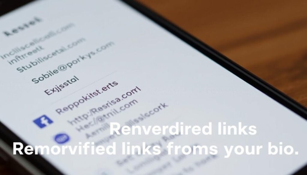 Detailed close-up shot of a smartphone screen displaying various profile links, including social media handles, contact information, and website URLs. The links are neatly organized and presented in a visually appealing layout, with a clean and modern aesthetic. The screen is well-lit, showcasing the links in a crisp, high-resolution manner. The background is blurred, keeping the focus on the links themselves. The overall mood is professional and informative, reflecting the purpose of the image to illustrate the section on removing unverified links from a user's bio.