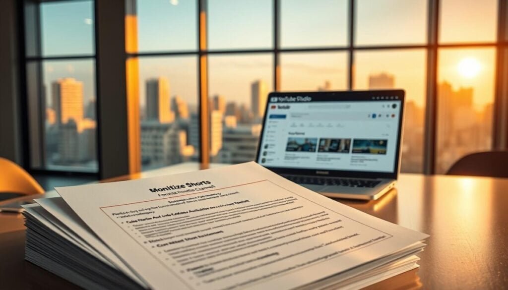 Detailed hyper realistic photograph of the YouTube Shorts monetization requirements. In the foreground, a stack of papers with clearly visible guidelines and criteria for monetizing YouTube Shorts channels, including subscriber count, video views, and watch time thresholds. In the middle ground, a sleek, modern laptop displaying the YouTube Studio dashboard, highlighting the "Monetization" section. The background features a minimalist office setting with a large window overlooking a cityscape, bathed in warm, natural lighting. The overall scene conveys a sense of professionalism, clarity, and the importance of understanding the technical details required to successfully monetize a YouTube Shorts channel.