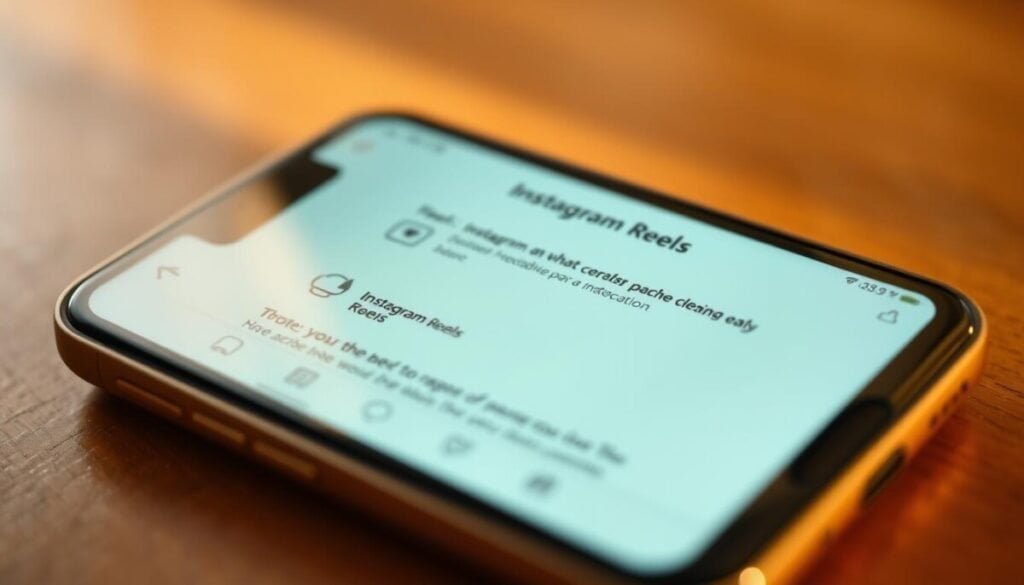 Hyper realistic close-up of an open smartphone display, showcasing various Instagram Reels cache clearing solutions. The screen displays a step-by-step process, with clear icons and intuitive UI elements. The foreground is in sharp focus, while the background is subtly blurred, directing attention to the crucial information. Warm, natural lighting casts a soft glow, creating a calm, professional atmosphere. The overall composition emphasizes the simplicity and effectiveness of the cache clearing solutions, inviting the viewer to engage with the content.