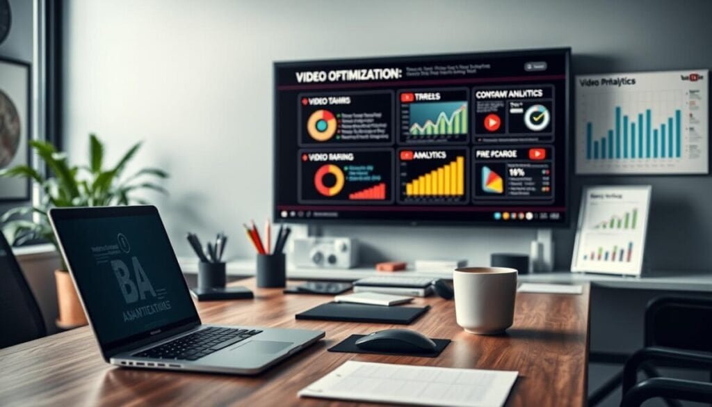 Hyper realistic photo of a modern office workspace, with a large desk in the foreground featuring a laptop, mouse, and notepad. In the middle ground, various office supplies and a cup of coffee are neatly arranged. The background features a large screen displaying colorful infographics and charts related to video optimization strategies, such as keyword research, video tagging, and analytics. The lighting is soft and diffused, creating a professional and focused atmosphere. The composition emphasizes the importance of video optimization in enhancing YouTube analytics data.